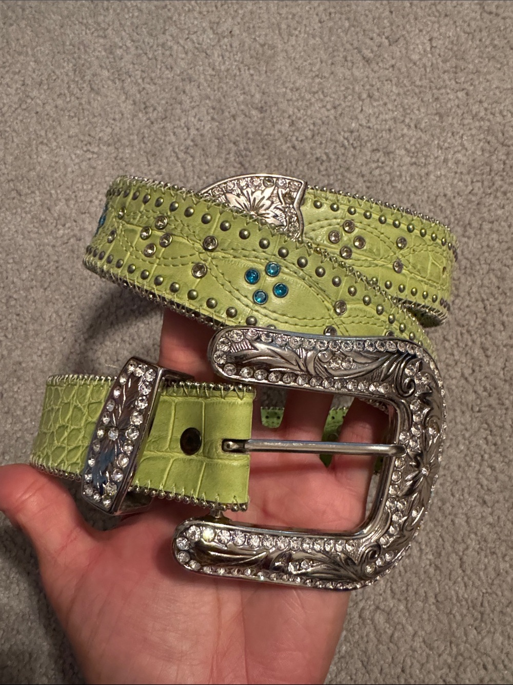 Roper Lime Green Studded Western Belt with Rhinestone Buckle M